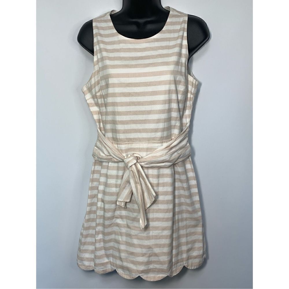 Naked Zebra Stripe Sleeveless Lined Tie Waist A-Line Mini Dress White Tan Medium